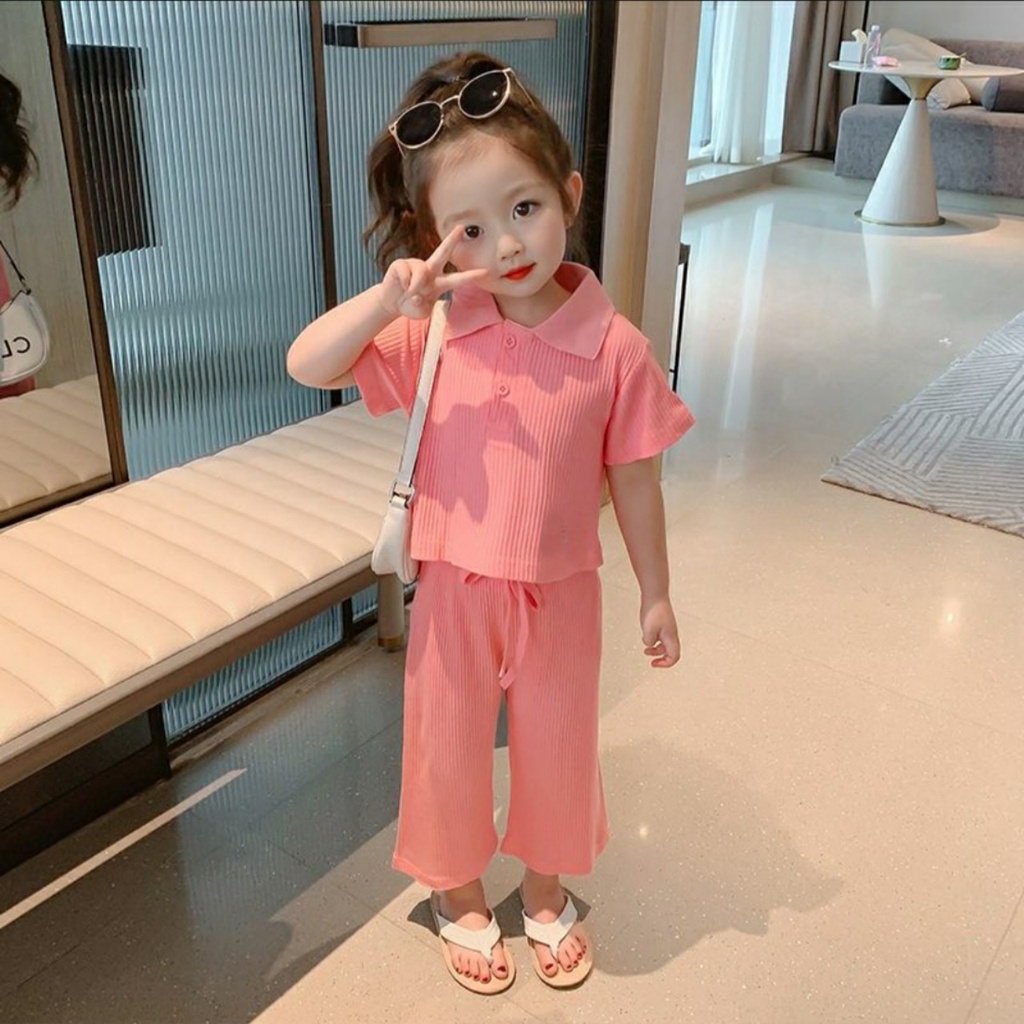 Bộ đồ thun gân bé gái cổ bẻ từ 8-20kg
