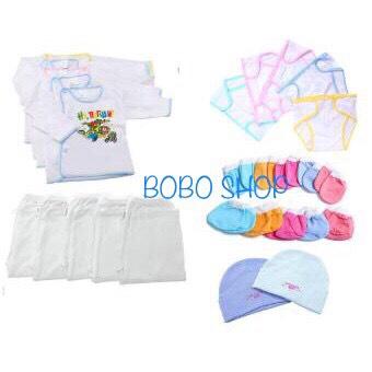 [HCM]27 Món Trắng Cho Trẻ Sơ Sinh(5 Áo 5 Quần 10 Bao Tay Chân 5 Tã Dán 2 Nón)