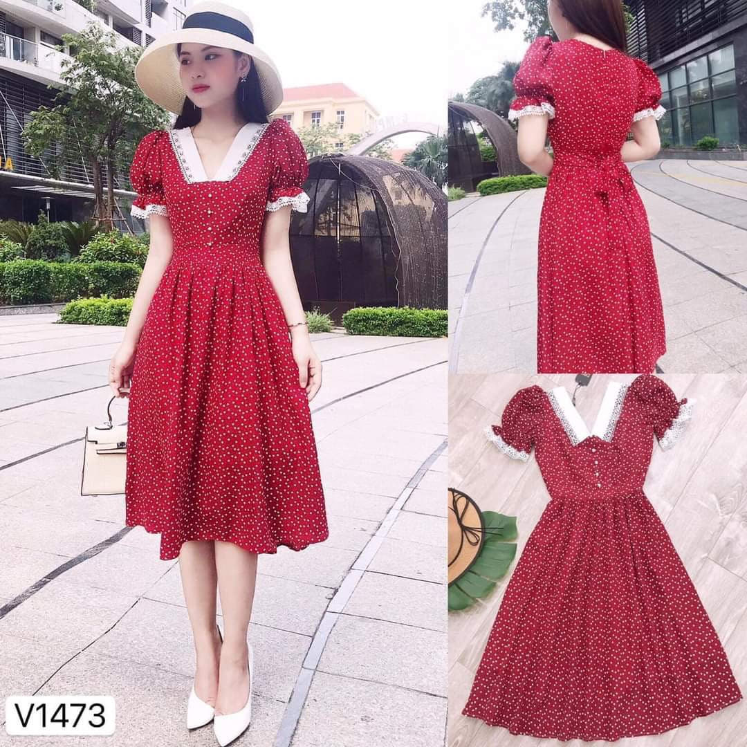 Đầm xòe chấm bi phối ren tay phồng cực xinh