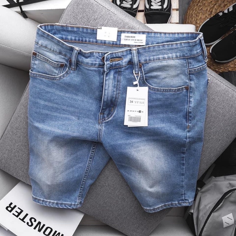 Quần short nam xanh trơn slimfit chất jean co giãn hàng vnxk cao cấp