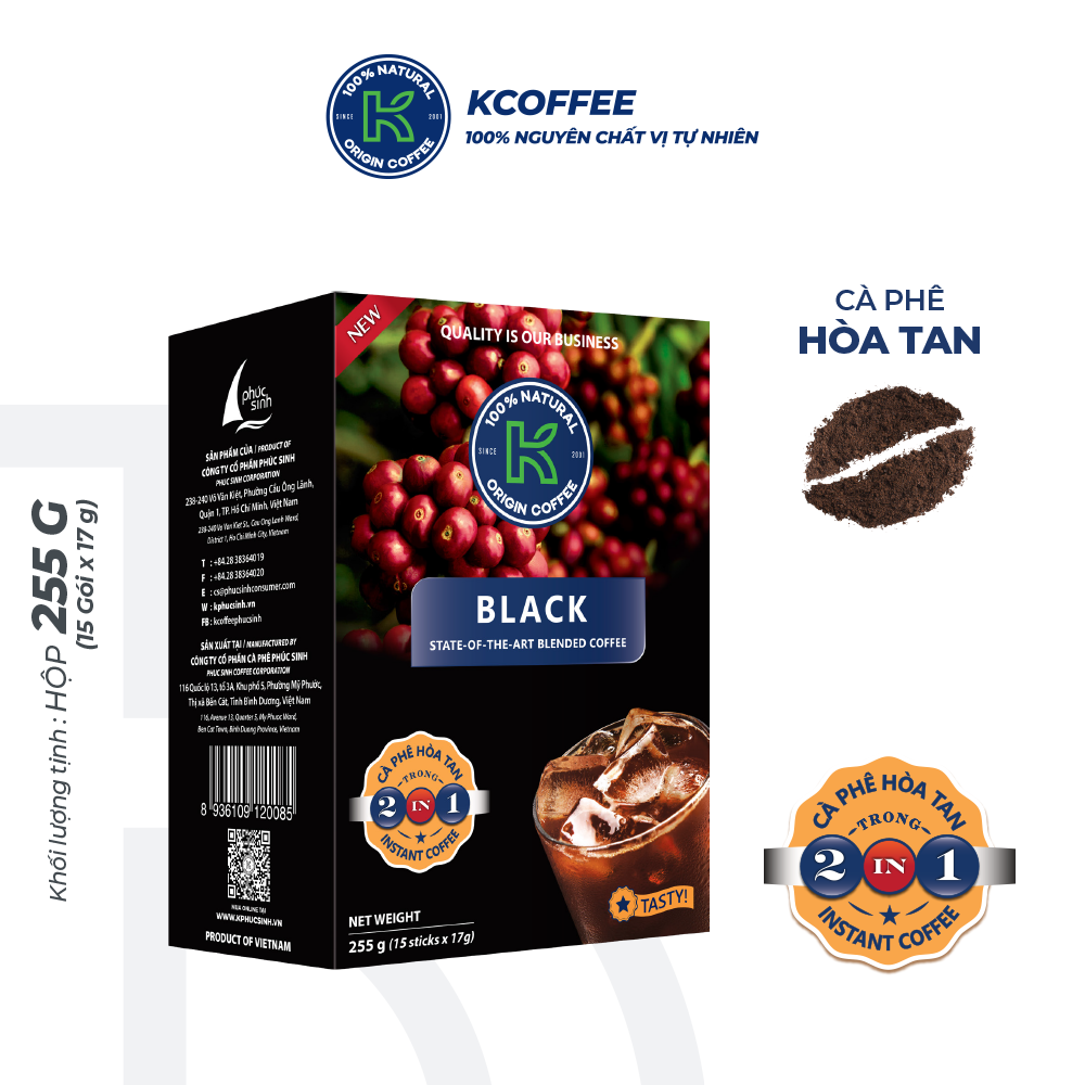 Cà Phê Hòa Tan 2 in 1 K Black Thương Hiệu K Coffee Hộp 15 Gói x 17g