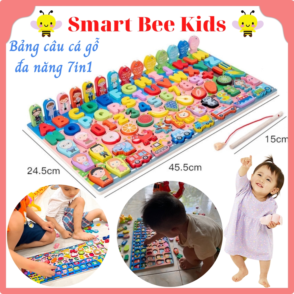 Đồ chơi câu cá smart bee kids bảng gỗ đa năng 7in1 hình khối số chữ và phương tiện