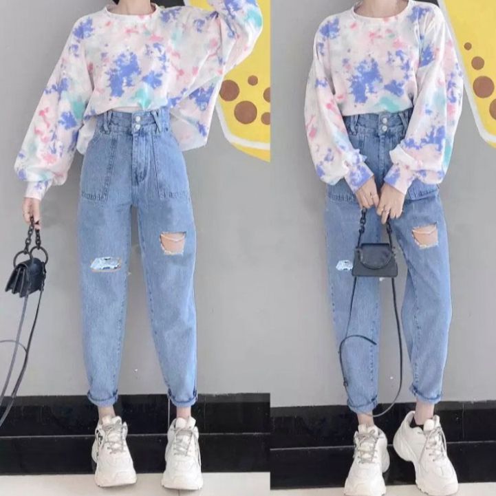 QUẦN BAGGY JEAN NỮ LƯNG CAO  LƯNG XẺ NỬA ĐĨA CHÉO RÁCH 2 GỐI TO SIÊU HOT HIT MAU XANH SIÊU PHONG CÁCH PINKY79SHOP J29