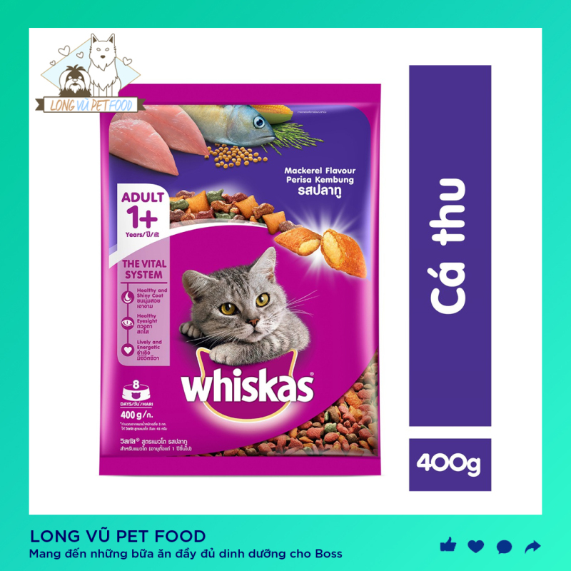 Thức ăn cho mèo Whiskas vị cá thu túi 400g, được sản xuất từ các nguyên liệu tự nhiên, bổ sung dưỡng chất, tốt cho hệ tiêu hóa, hàng có nguồn gốc rõ ràng
