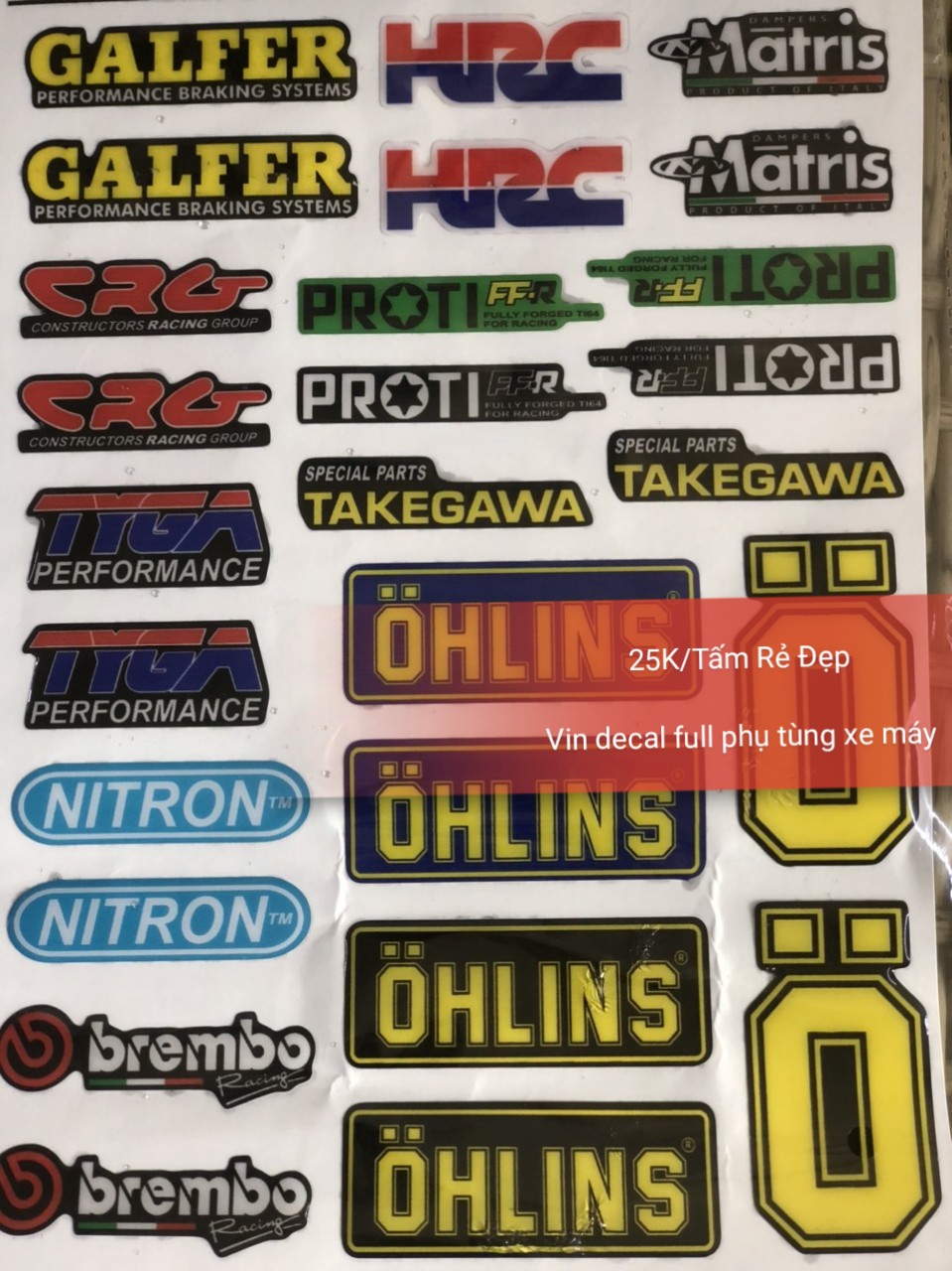 Tấm Tem Nổi Galfer,HRC,Matris,Ohlins,Nitron,CRG Mã HN080