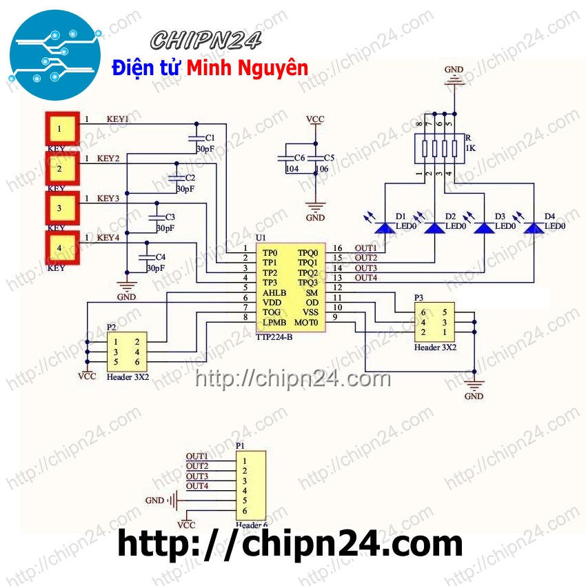 [1 cái] (F113.3) Module TTP224 Bàn phím Cảm ứng 4 chạm điện dung