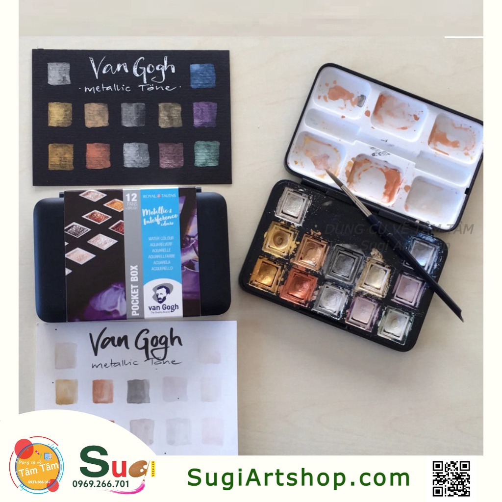 Màu nước van gogh - hộp đen set 12 nhũ - pocket box metallic van gogh 12pans + brush