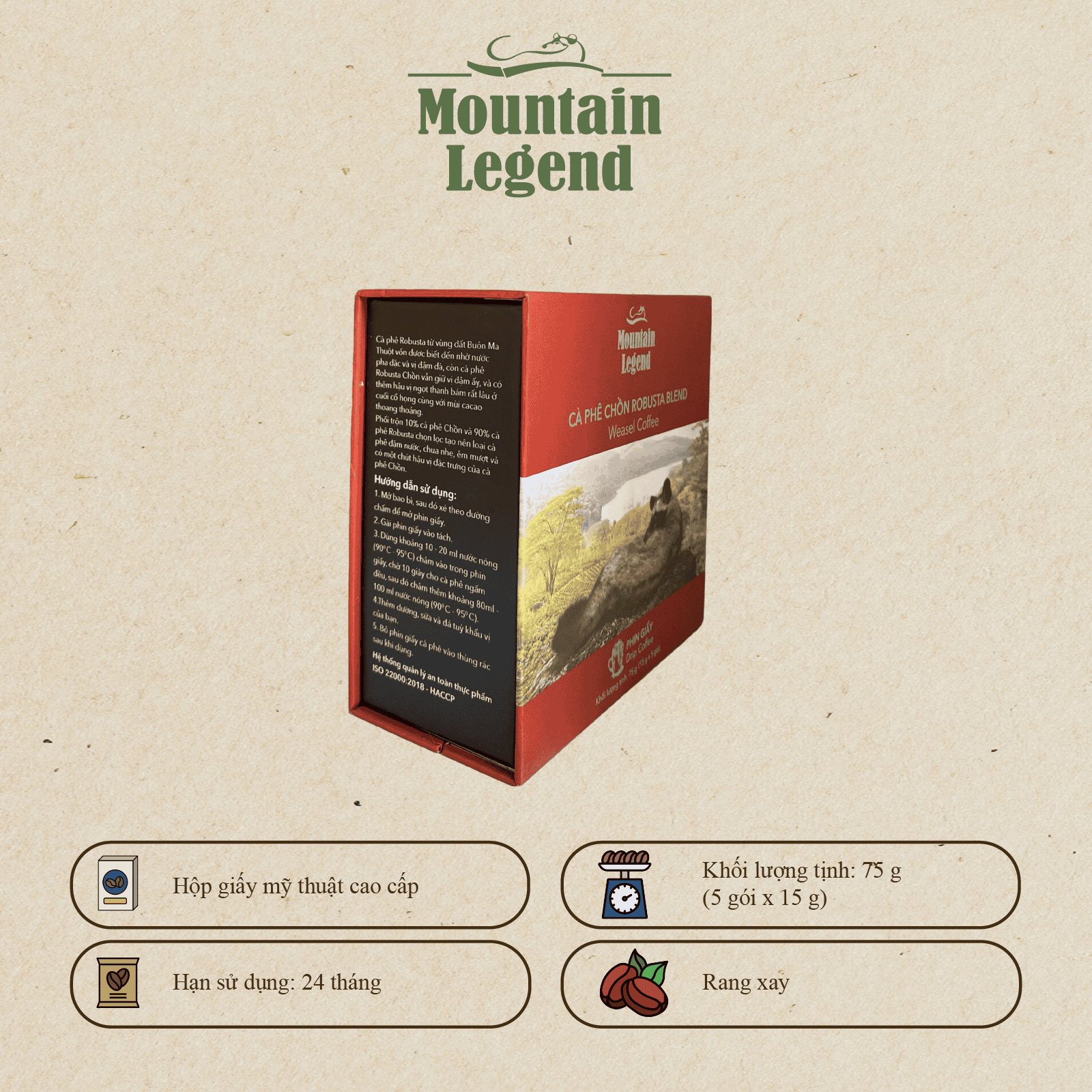 Cà Phê Chồn Cao Cấp Mountain Legend – 10% Real Civet Robusta & 90% Selected Beans Fine Robusta - Hộp 5 Phin Giấy