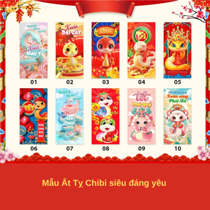 Bao Lì Xì Tết truyền thống 2025 sổ đổ sổ hồng hot trend chibi thịnh vượng may mắn phúc lọc thọ Tết 2025 Ất Tỵ Siêu đẹp