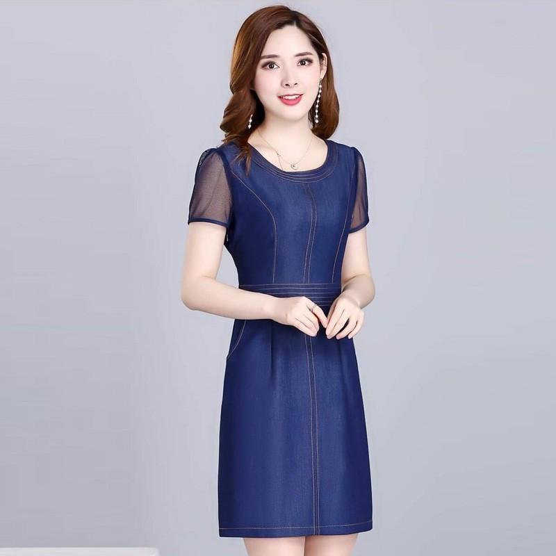 [HCM]Đầm Jean Ôm Body Phối Tay Voan