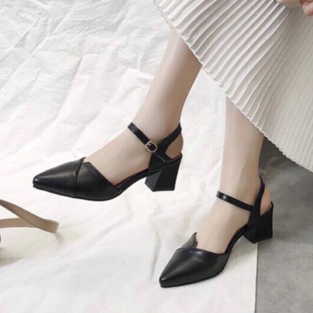 Giày cao gót 5p bít mũi xếp gót vuông hở gót N9