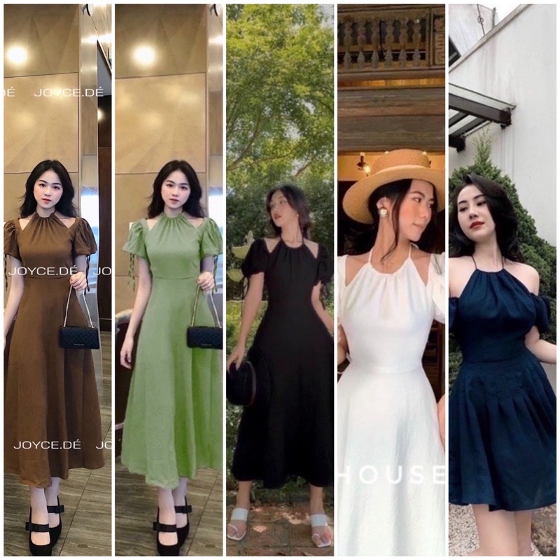 [ Có Bigsize ]Đầm cổ yếm 2 màu đen trắng hot trend mặc tết