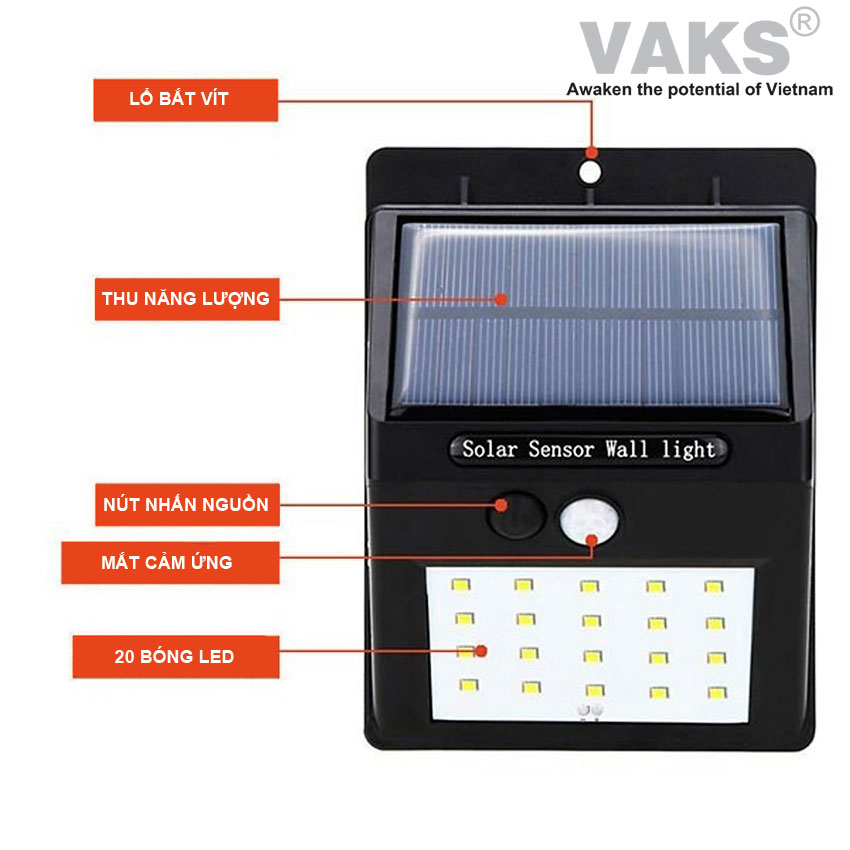 Đèn led cảm ứng năng lượng mặt trời 20 led.