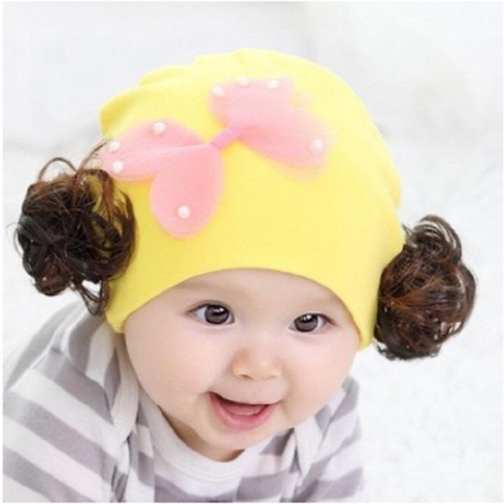 Mũ tóc giả cotton cho bé gái cánh bướm(1-36 tháng)