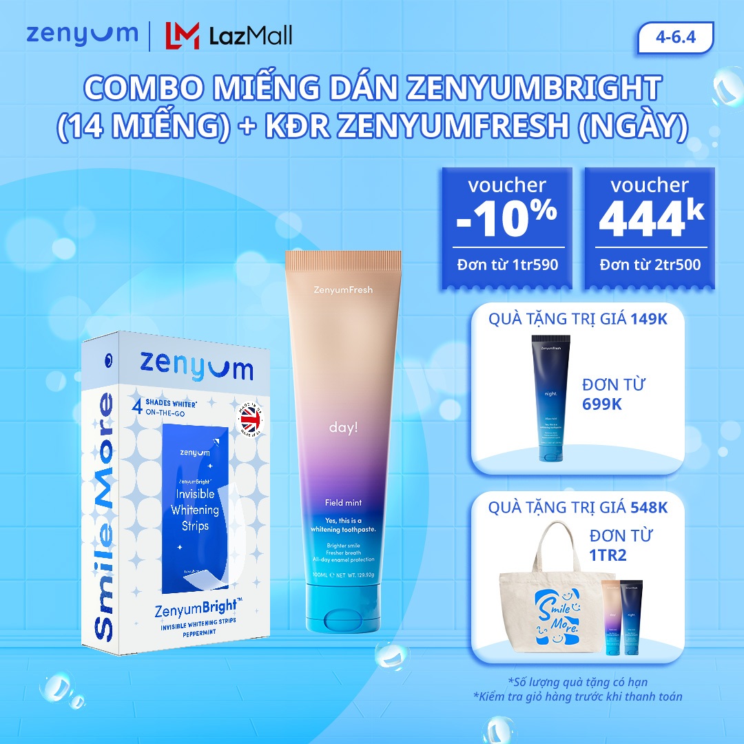 Combo Hộp 14 Miếng dán trắng răng Tự Tan ZenyumBright + Kem đánh răng ZenyumFresh (Ngày)