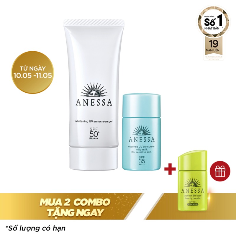 Bộ đôi gel chống nắng dưỡng trắng anessa cho mẹ 90g và tinh chất chống nắng dịu nhẹ cho bé 20ml kèm hộp quà Anessa nhập khẩu