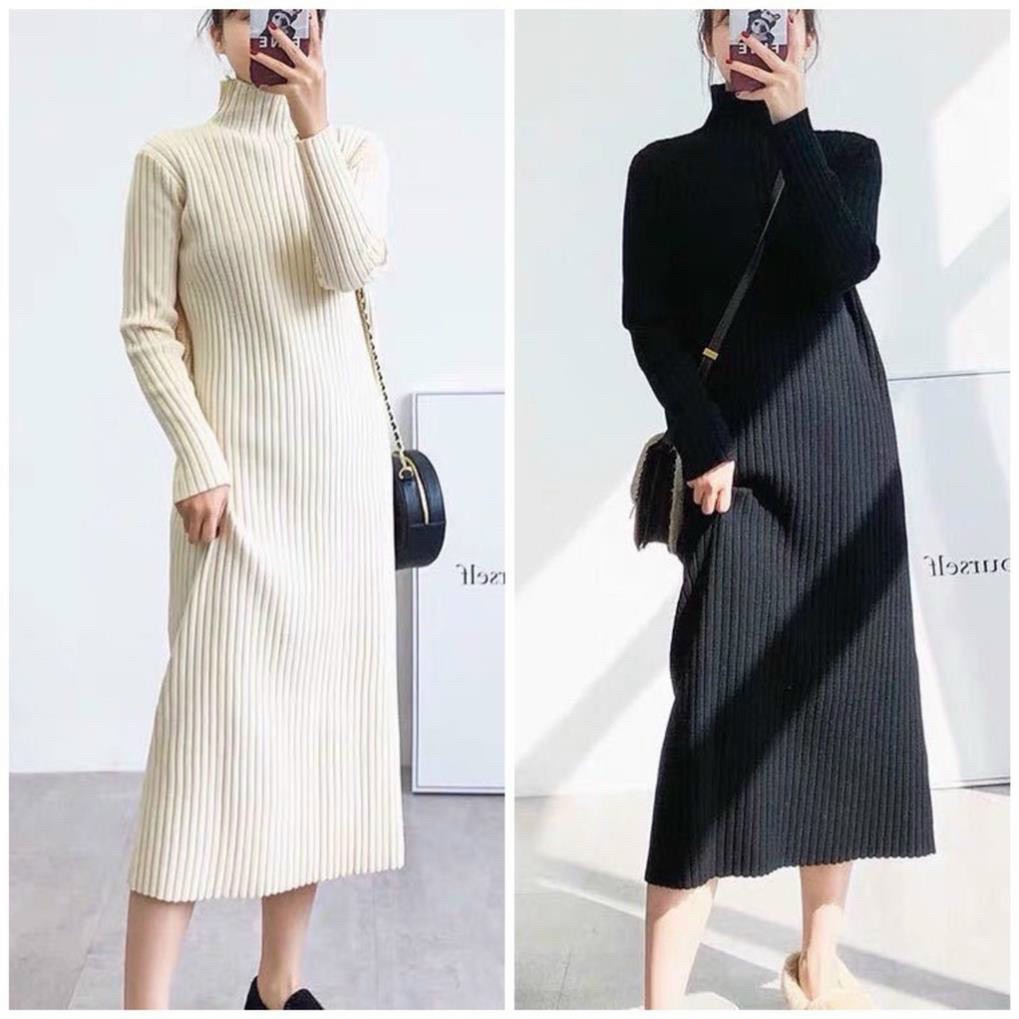 Ảnh thật) Váy len dáng dài cổ V kết nút màu đen kem tay dài xẻ tà mang đi  làm, đi chơi mùa đông | Shopee Việt Nam
