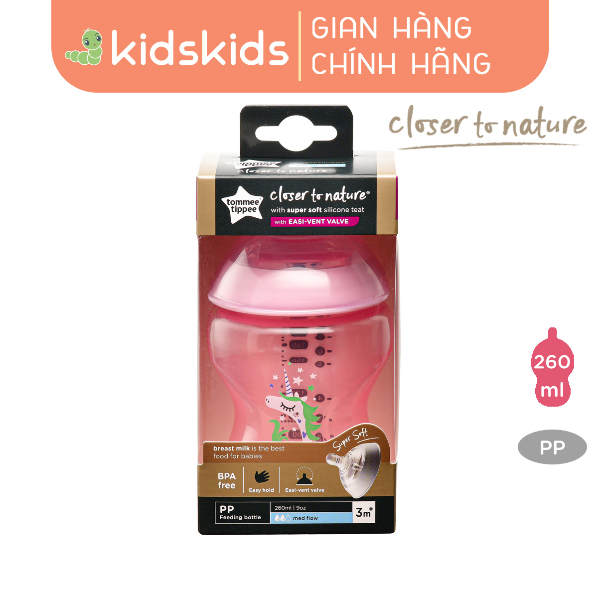 Bình sữa ty siêu mềm tự nhiên Tommee Tippee Closer to Nature 260ml, núm ty đi kèm 3-6 tháng - Hồng