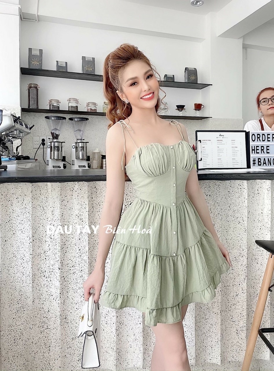 [HCM]Đầm 2 dây cột vai đính nút siêu xinh