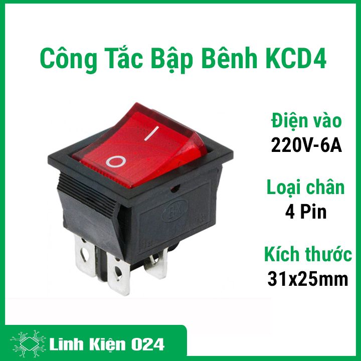 Công tắc bập bênh kcd4 16a 250v 4 pin 31x25mm có đèn