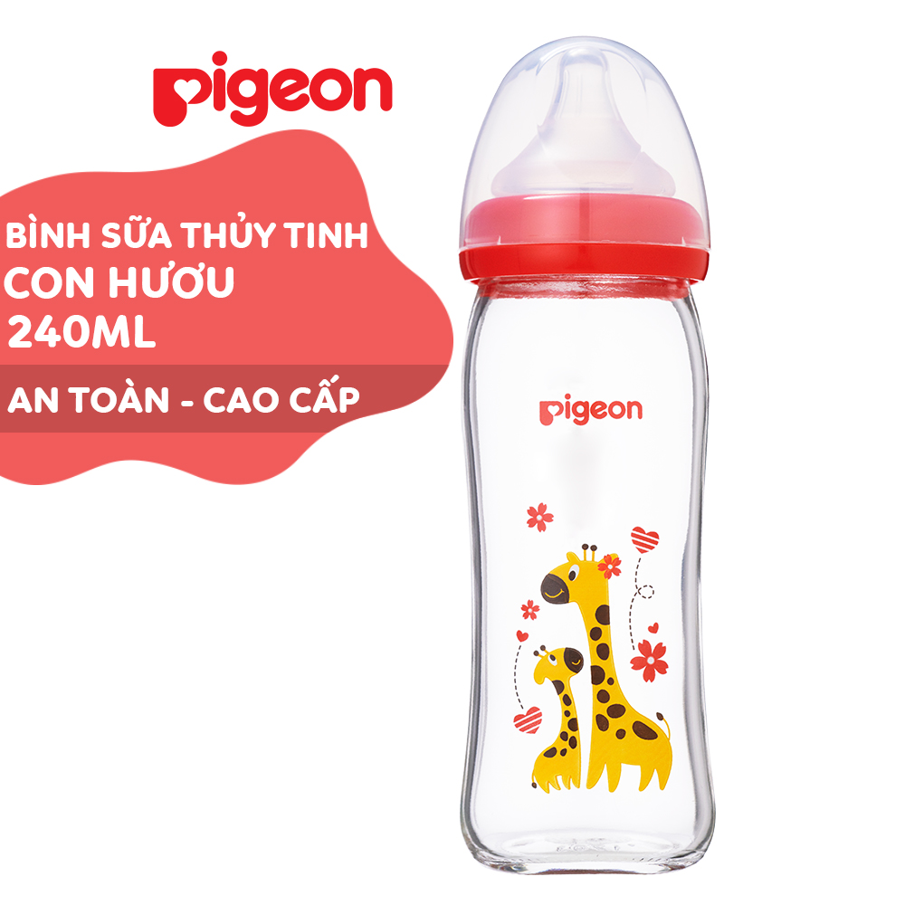 Bình sữa cổ rộng thuỷ tinh Plus 240ml Pigeon - Hươu Cao Cổ (M)