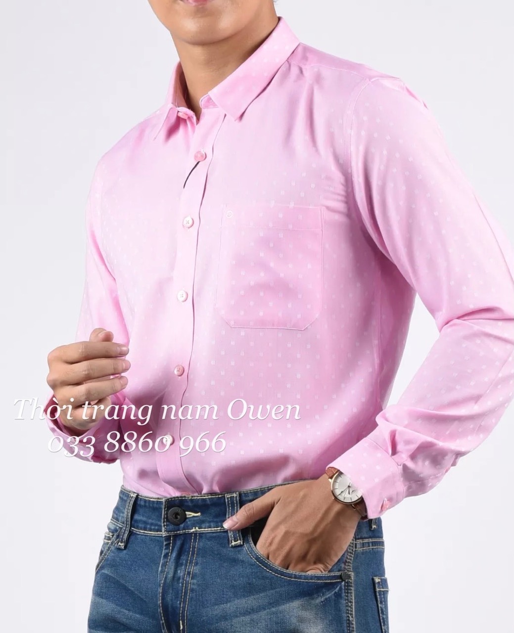 OWEN - Áo sơ mi dài tay Owen Slimfit màu hồng nhạt có họa tiết chất vải Bamboo sợi tre kháng khuẩn 68079