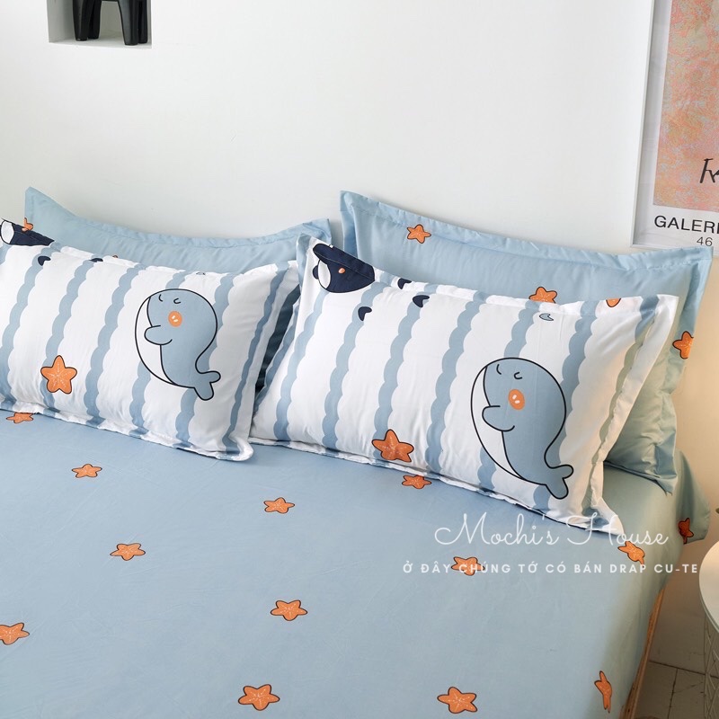 [VẢI SIÊU ĐẸP] BỘ CHĂN GA GỐI COTON POLY MẪU CÁ VOI SIÊU XINH