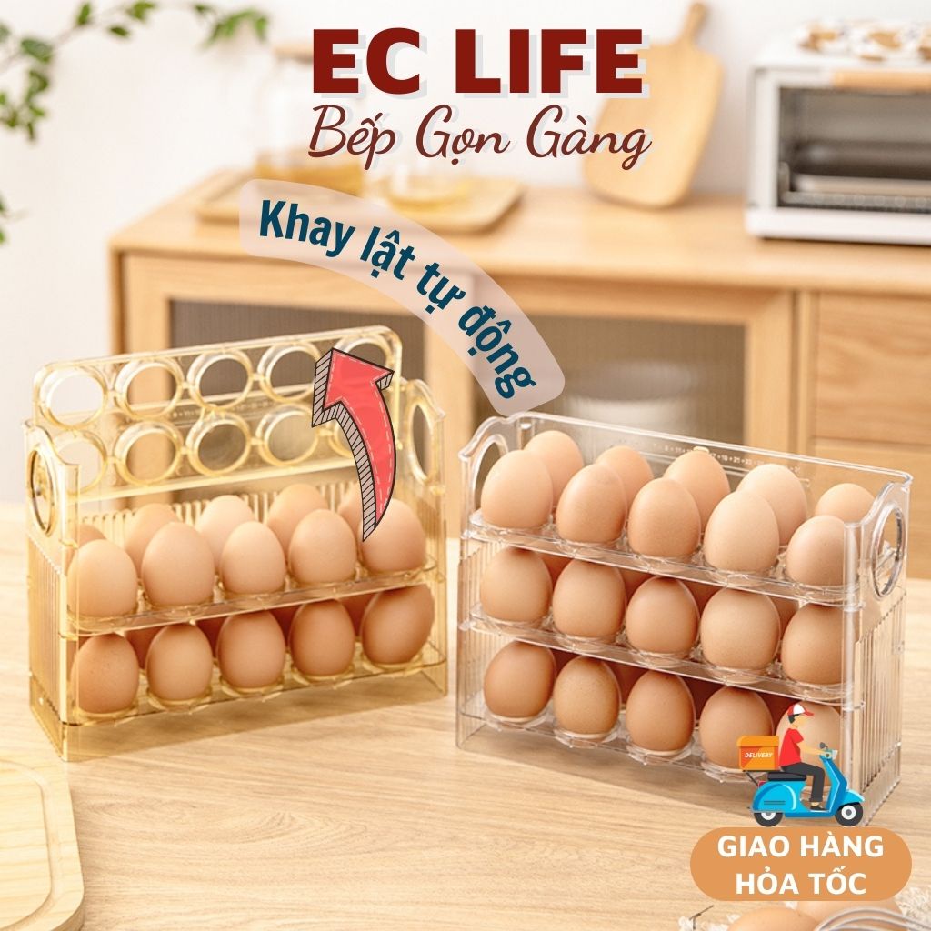 Hộp đựng trứng khay đựng trứng tủ lạnh 3 ngăn 30 quả nhỏ gọn khay bật tự động EC Life 0517