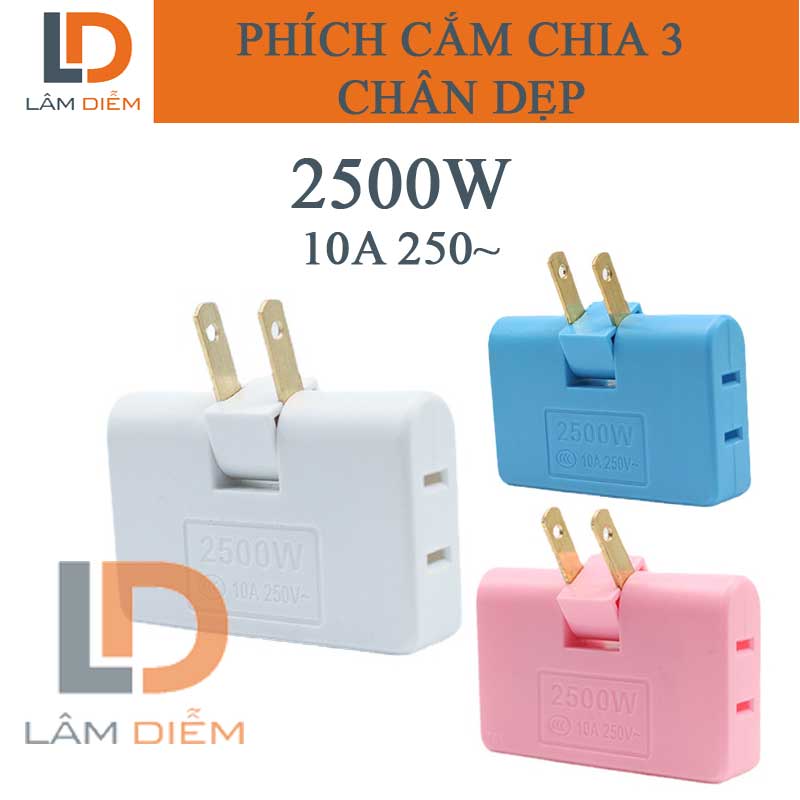 Phích cắm điện 2500w 10a 250v chia 3 đầu dẹp đồng