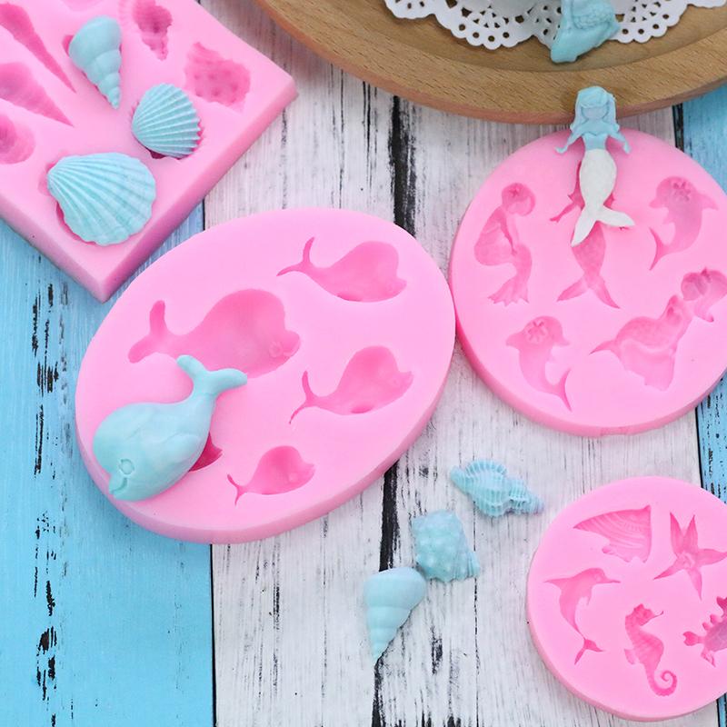 Biển Bánh Mousse Silicone Bộ Tạo Khuôn Hình Fondant Sao Biển Vỏ Sò Ốc Nàng Tiên Cá Rùa Biển Sô Cô La Khuôn Silicon