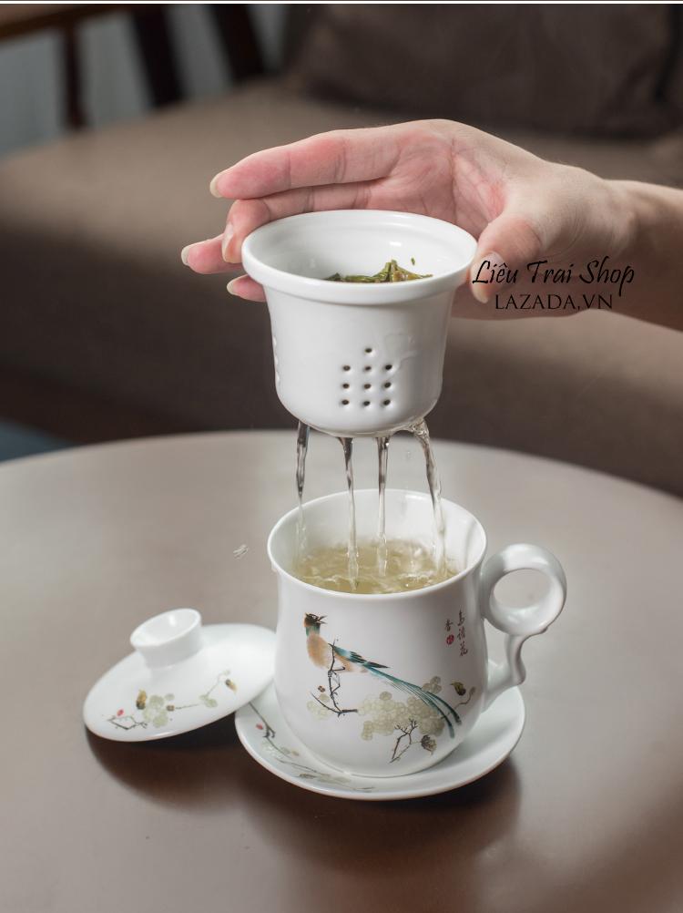 Ly cốc pha trà sứ 4 mảnh có nắp 350ml