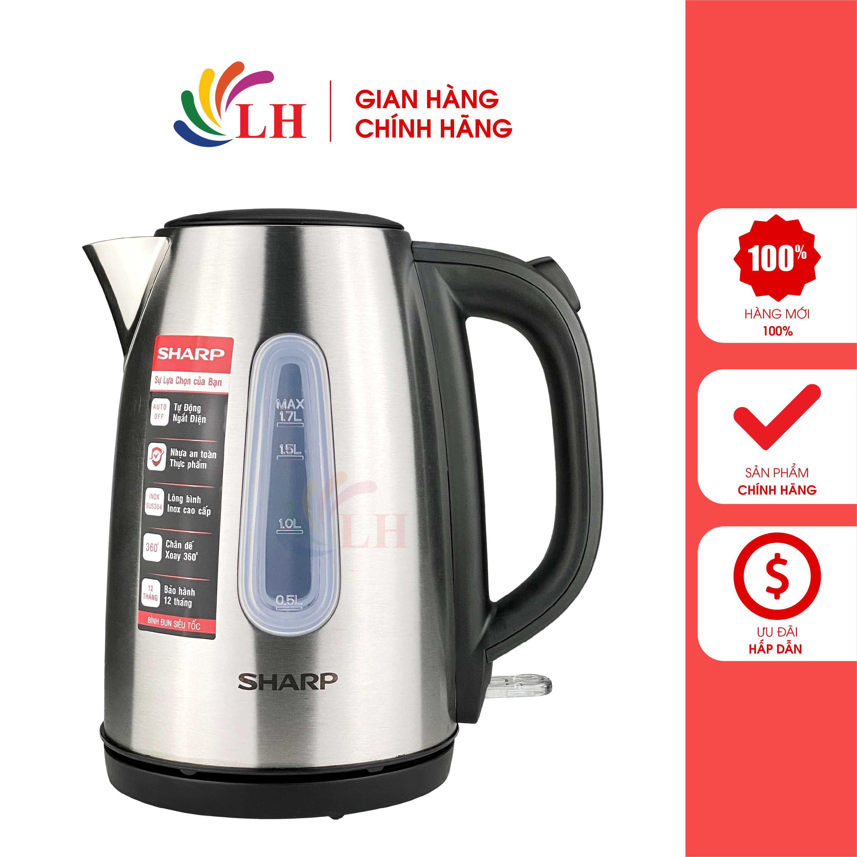 Bình đun siêu tốc Sharp 1.7 lít EKJ-17VSS-ST - Hàng chính hãng - Inox cao cấp 304, tự ngắt khi nước sôi và cạn, cột hiển thị mực nước