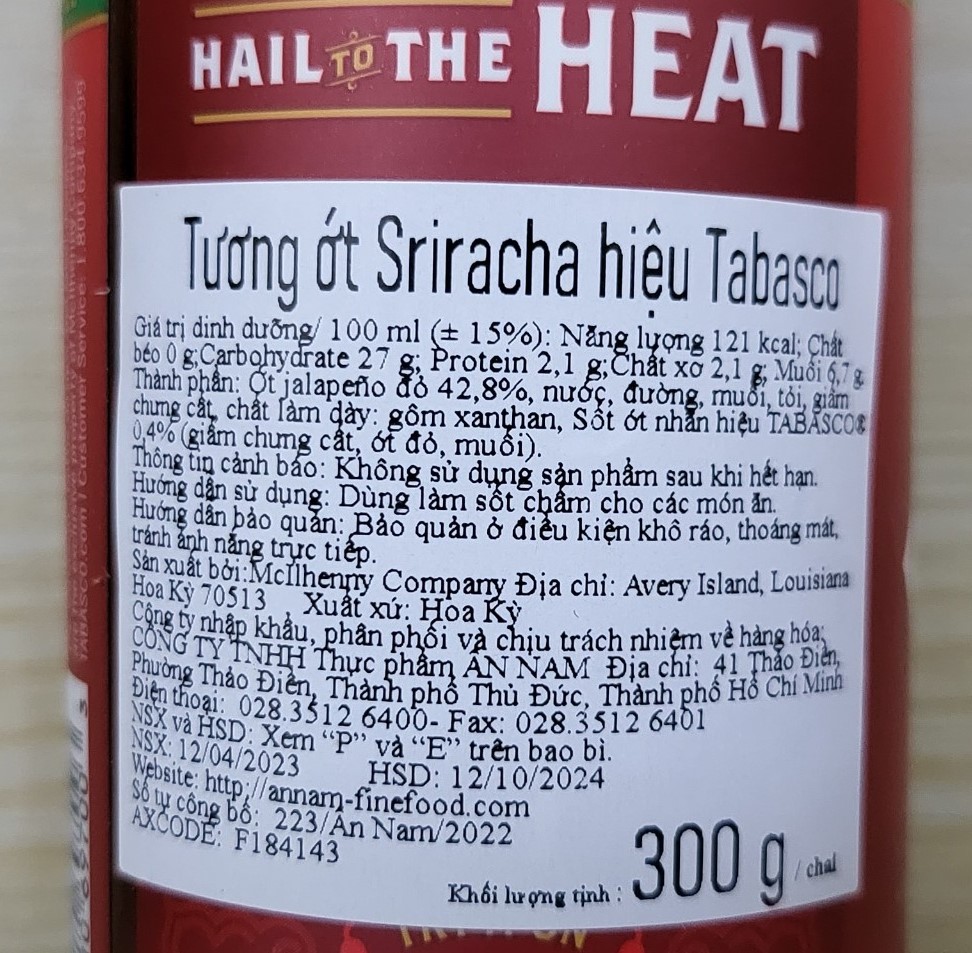 TABASCO (chai 300g) TƯƠNG ỚT Sriracha Jalapeno Chilli Sauce