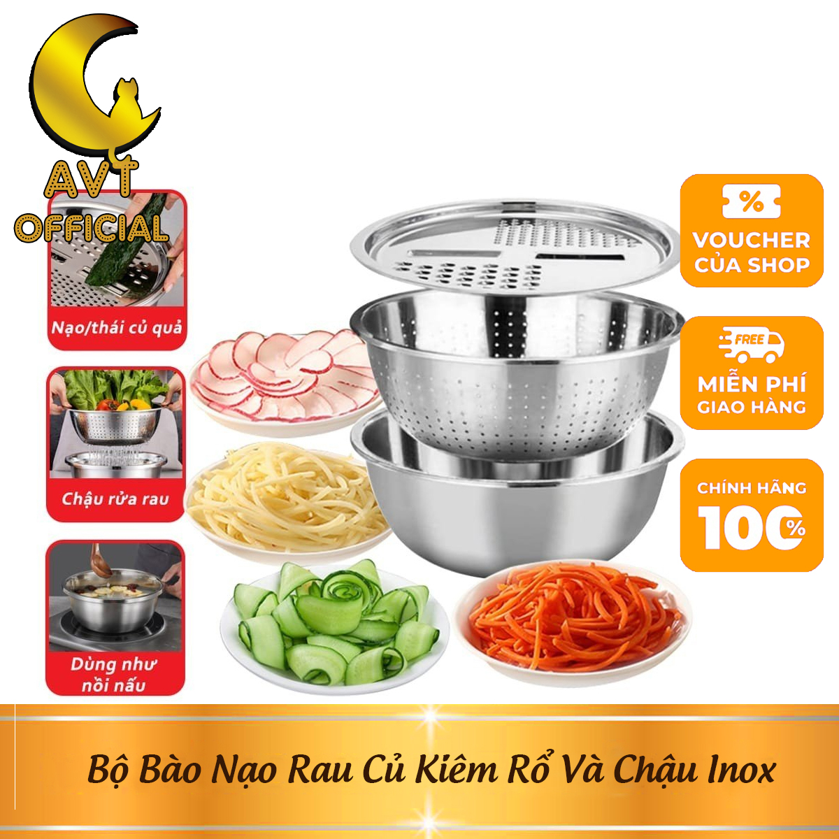 Bộ nạo rau củ quả đa năng inox 3 in 1 - bộ rổ nạo củ quả kèm chậu
