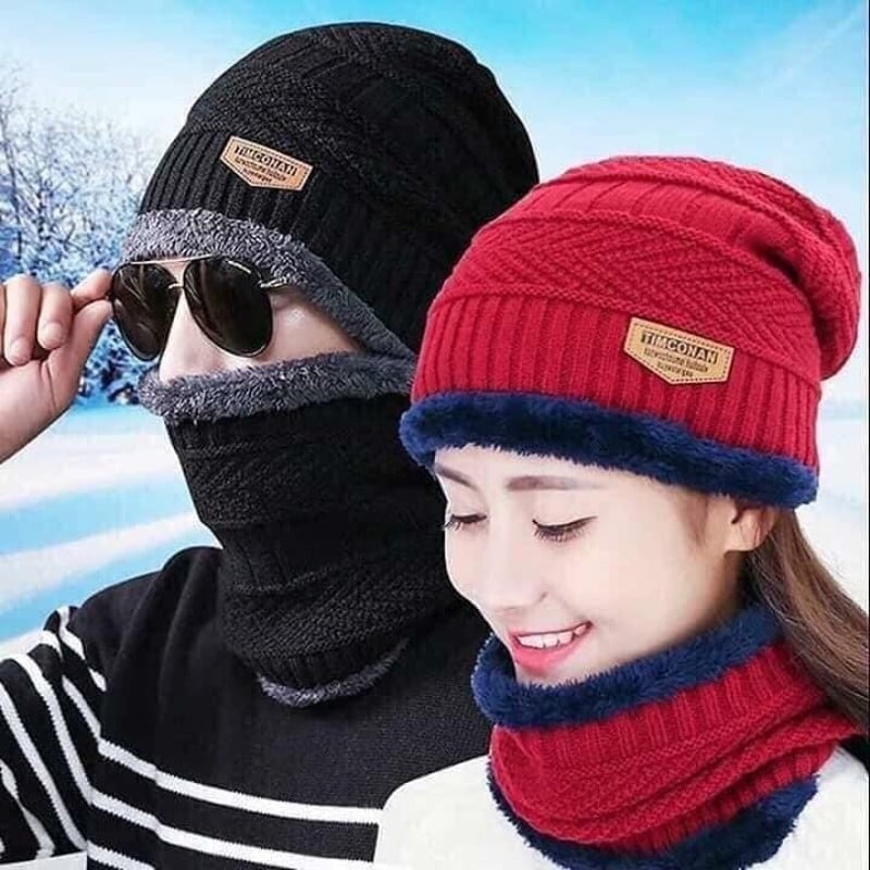 GOODMAKET-Mũ Nón Len Kèm Khăn Nam Nữ Cao Cấp , Mũ len kèm khăn lót lông cho người lớn,Mũ len kèm khăn lót lông hàn quốc