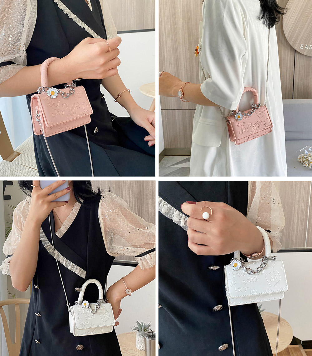 Túi Mini Phối Xích Hoa Cúc Vân Da Hình Art - 100style