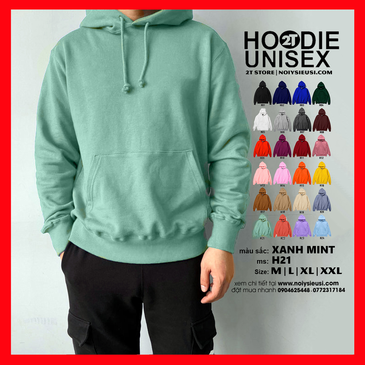 Áo Hoodie Unisex 2T Store H21 Màu Xanh Mint