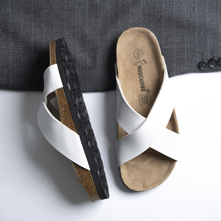 Dép đế trấu unisex quai chéo da pu trắng