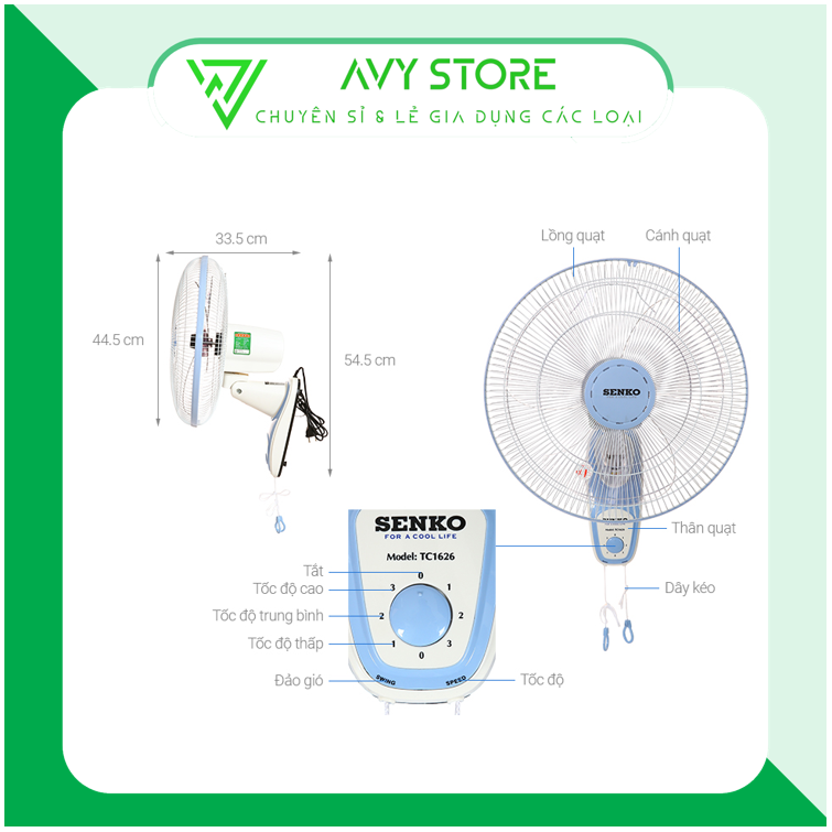 Quạt treo tường 2 dây Senko TC1626