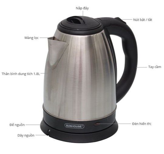 Ấm Siêu Tốc Inox 1.8L - Bình Đun Siêu Tốc Sunhouse