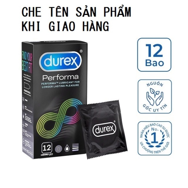 Bao cao su Durex Performa bcs siêu mỏng kéo dài thời gian 1 hộp 12c không mùi có che tên sản phẩm - BAVIDA