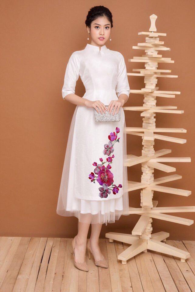 áo dài cách tân thêu hoa lan cao cấp - KHÔNG KÈM VÁY