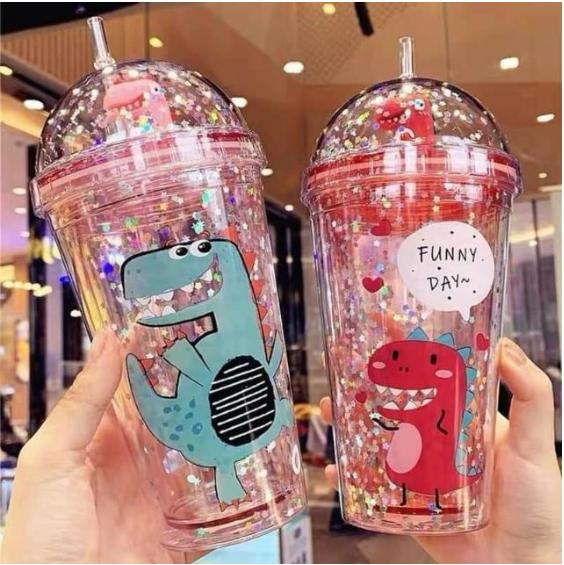 Ly Đựng Nước Nhũ Kim Tuyến Hình Khủng Long Bình Đựng Nước Giữ Nhiệt 3D, Ly Đựng Nước Kèm Ống Hút 500Ml Xinh Xắn