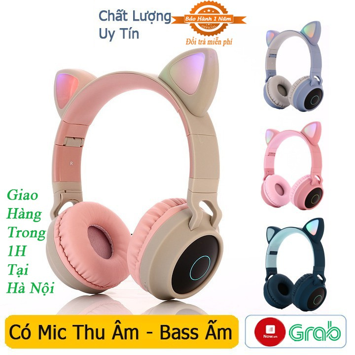 Tai nghe bluetooth không dây chụp tai có mic đèn led đủ màu dễ thương pin khủng - tai nghe livestream - mã p47m mèo