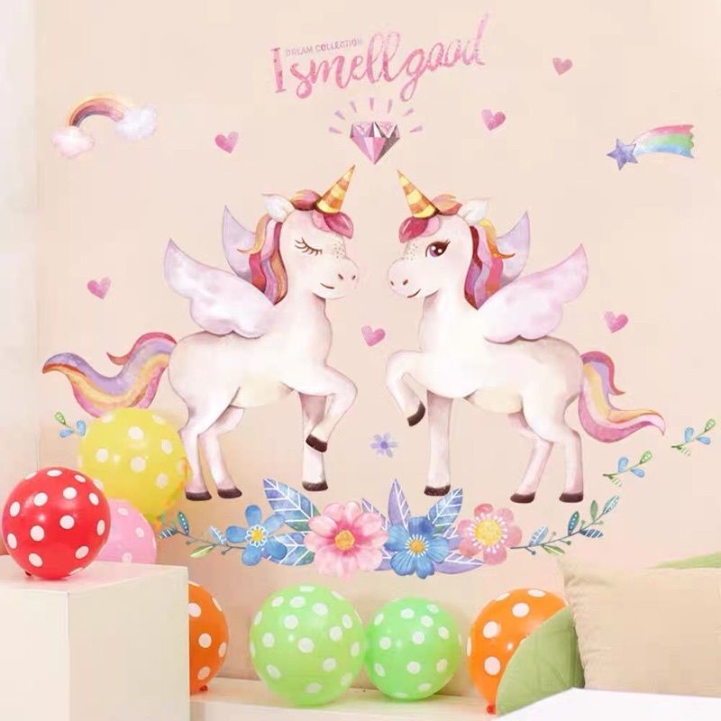 Decal dán tường đôi ngựa hồng pony đáng yêu