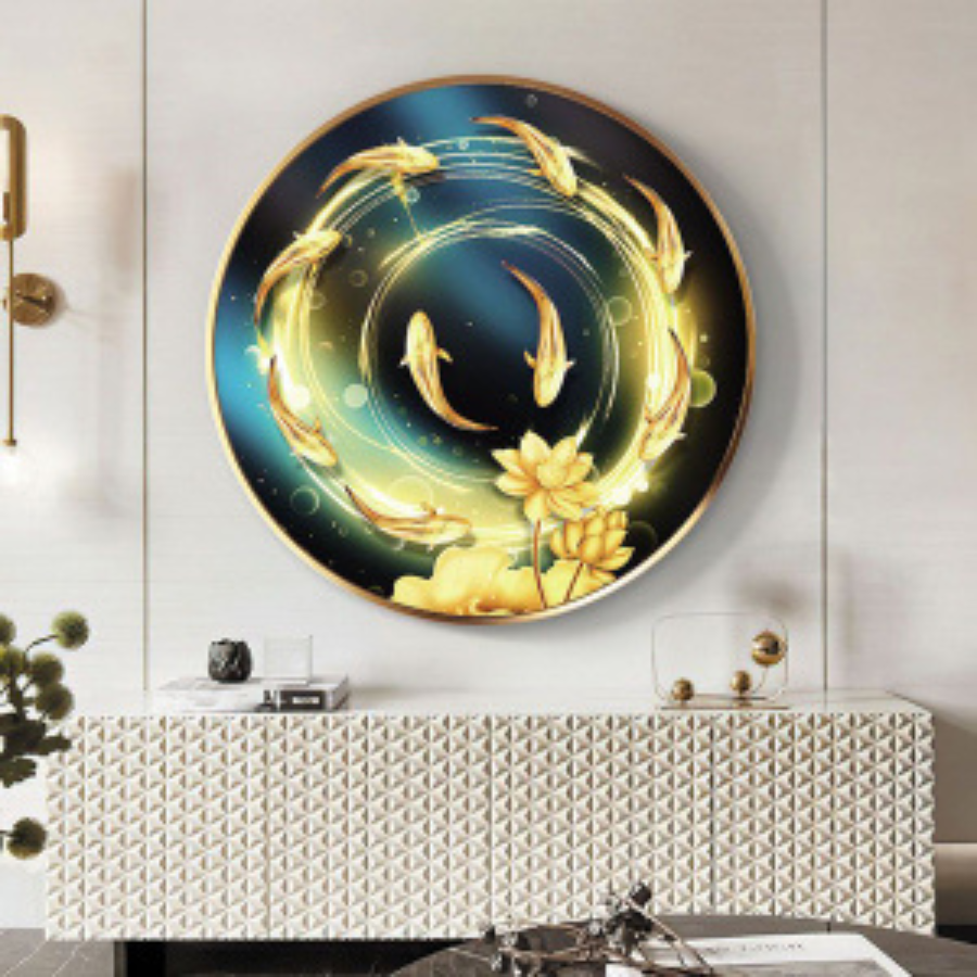 Tranh tròn tráng gương treo tường 3d - cửu ngư quần hội tường vip