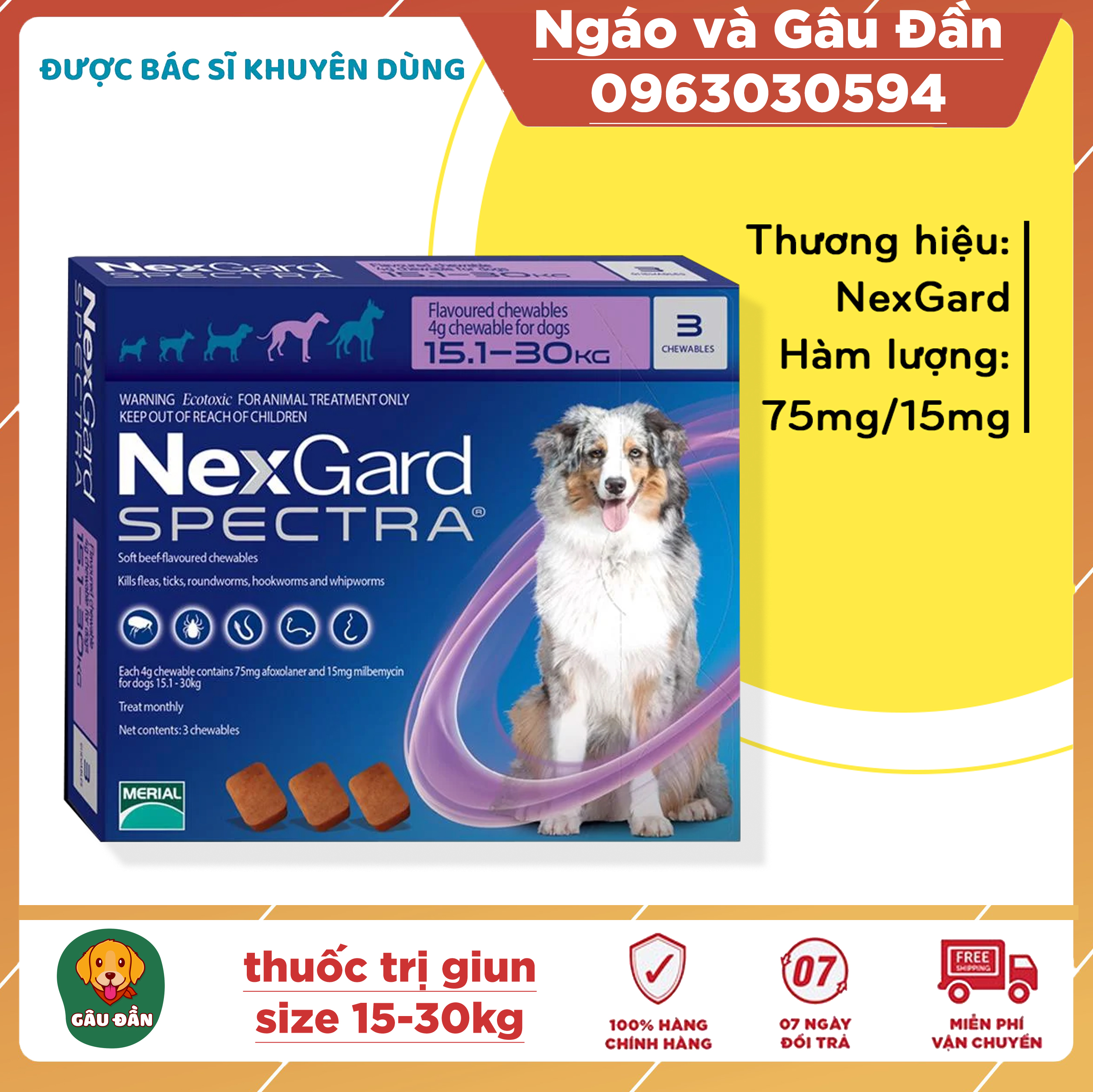 NEXGARD SPECTRA Thuốc trị ve ghẻ, bọ chét, demodex, tẩy giun cho chó - Lẻ 1 viên (size 15-30kg)