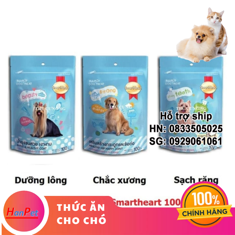 Hanpet - BÁNH THƯỞNG CHO CHÓ SMART HEART snack gói 100gr (3 loại) Sạch răng - Chắc xương - Dưỡng lông