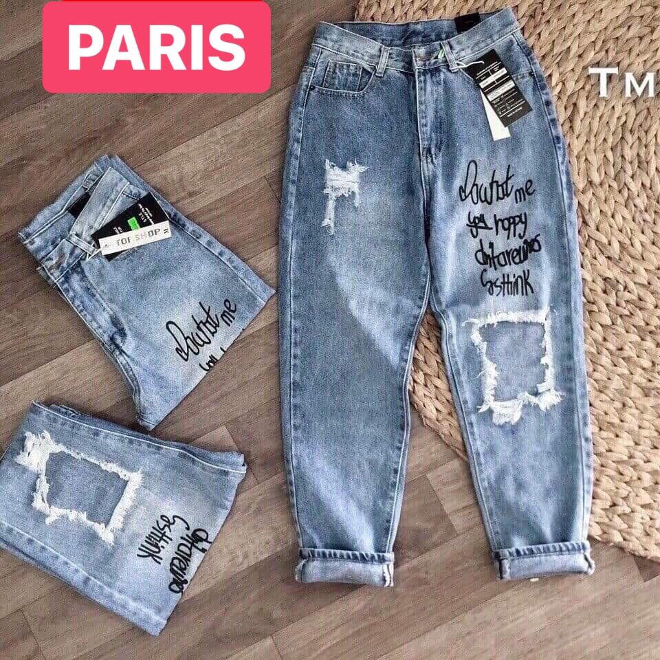 QUẦN BAGGY JEAN NỮ CHẤT BÒ XANH RÁCH IN CHỮ LƯNG CAO NÂNG MÔNG HÀN QUỐC PR-882 CAO CẤP - PARIS FASHION