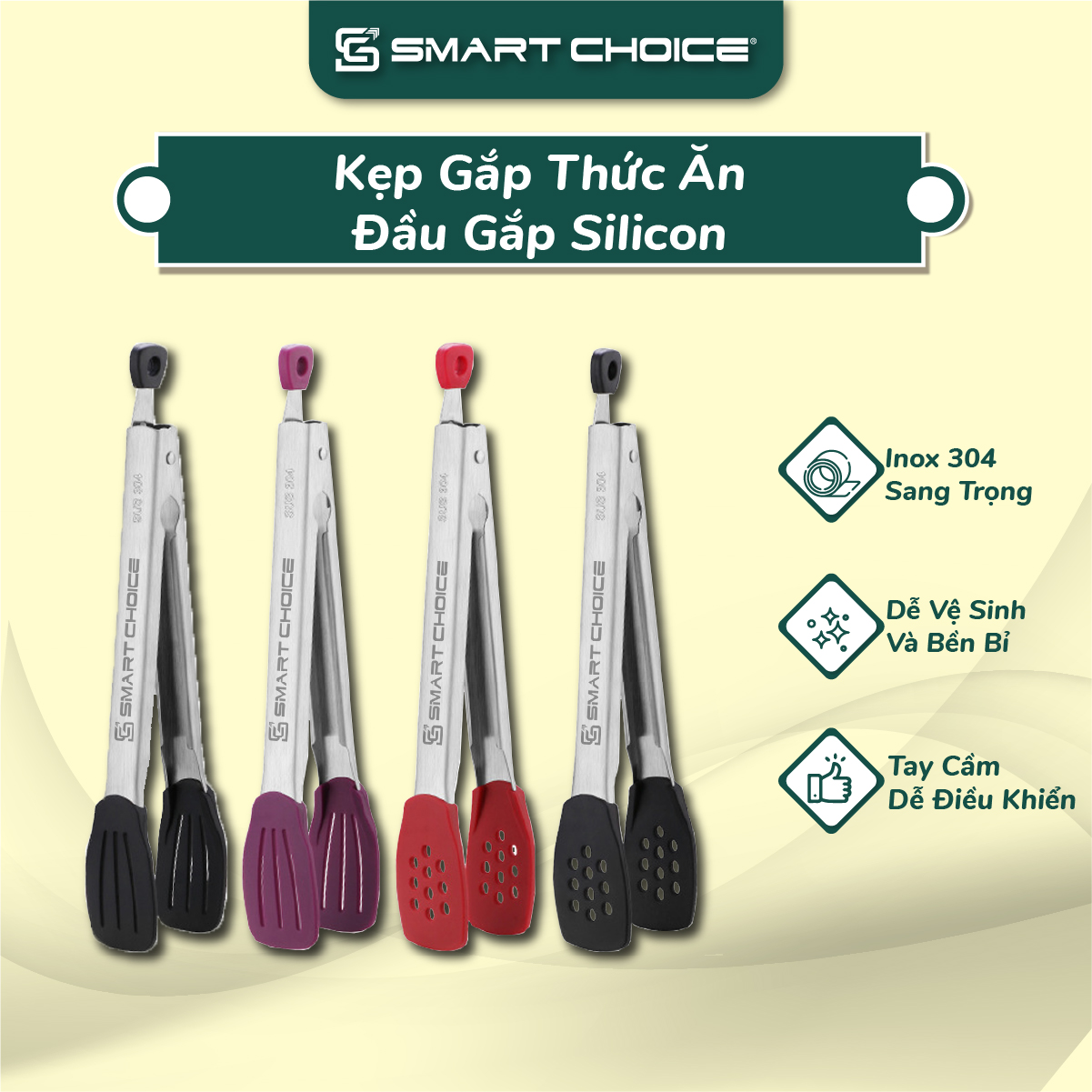 Kẹp gắp thức ăn smartchoice scg-pk114, kẹp gắp đồ nóng bọc silicon màu trắng kem, kẹp, gắp thức ăn inox 304 cao cấp sử dụng cho nhà bếp